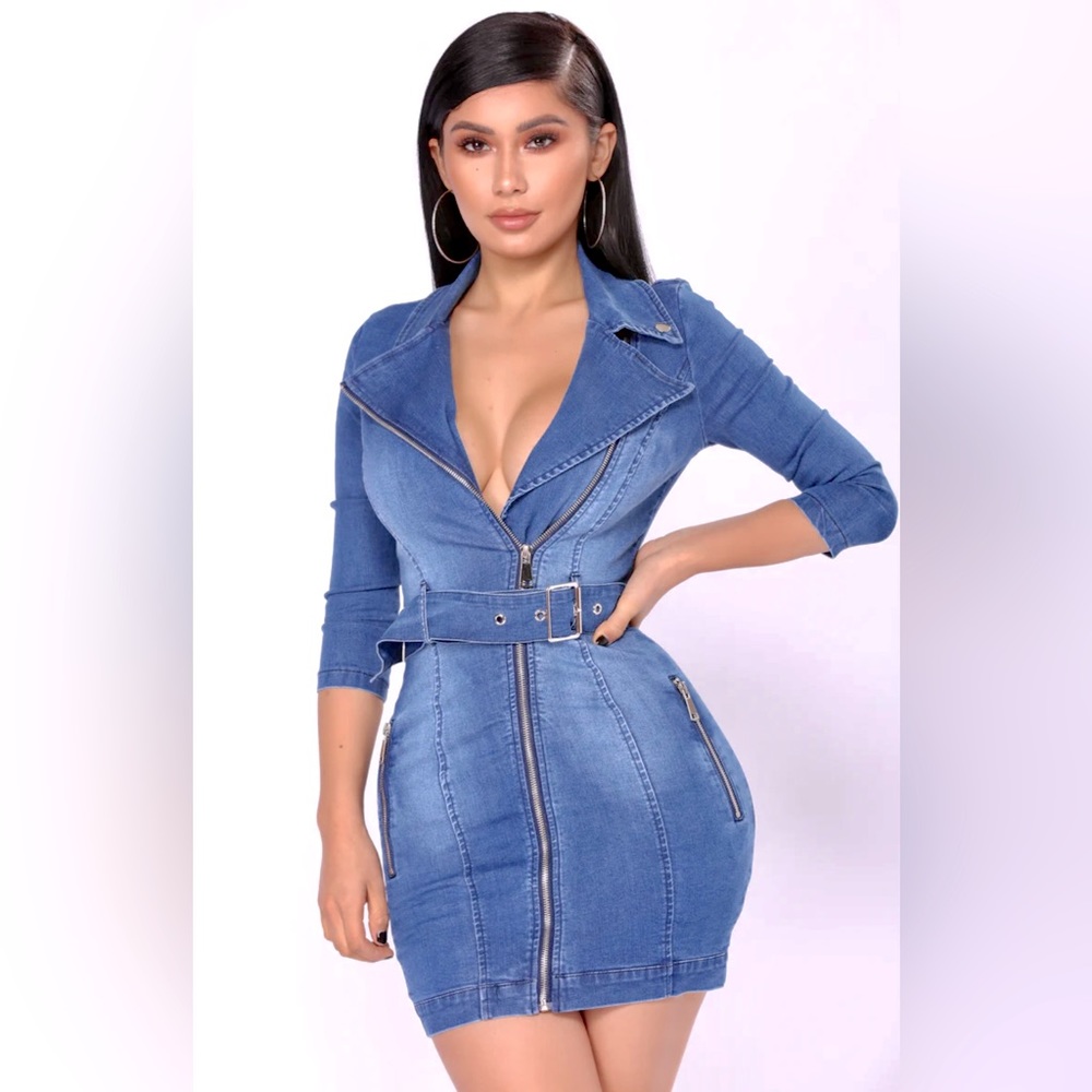 New Women's Zip Detail Acid Belted Denim Dress Size Small - Picture 3 of 11